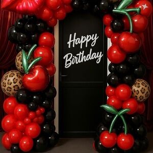 145PCS Cheetah Balloon Arch Kit w/ Red Black Leopard Print Cherry Balloons, NEW